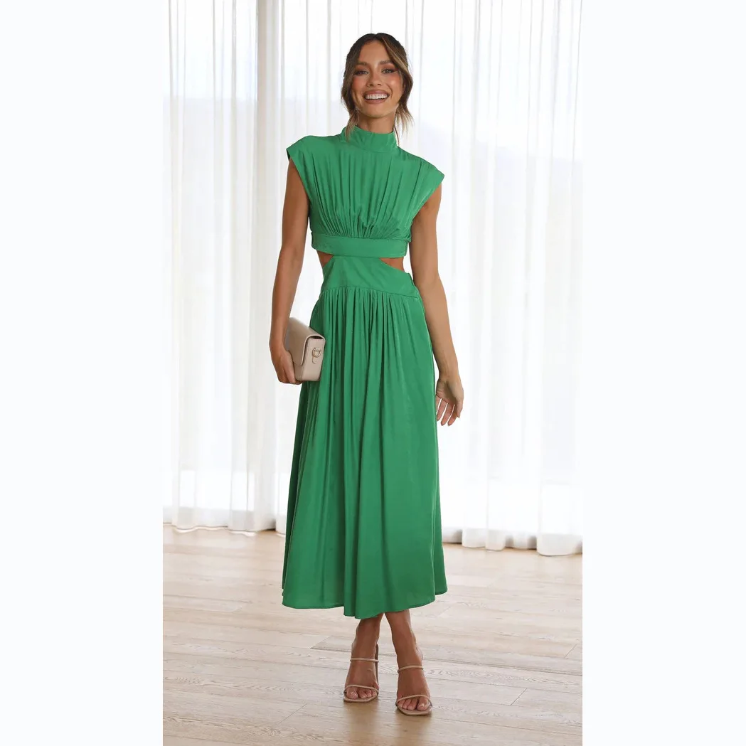 Summer New Mid-length Wide Dress Sweet And Fashionable Street Stand-up Pleated Dress Solid Color Waistless Long A-line Dress