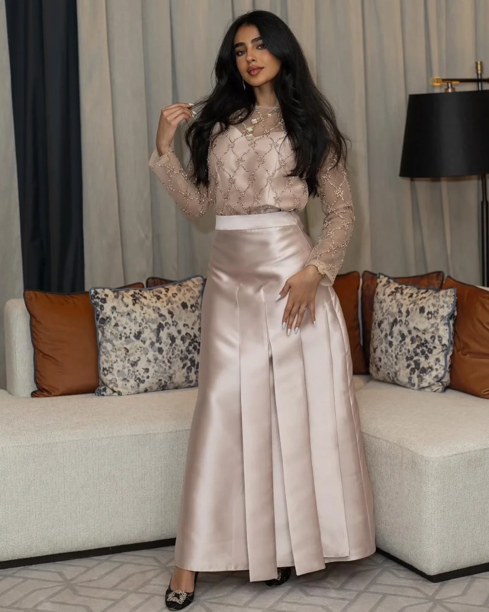 

Customized Simple Charmeuse Pleat Sequined A-line O-Neck Midi Dresses Bespoke Occasion Quinceanera Elegant