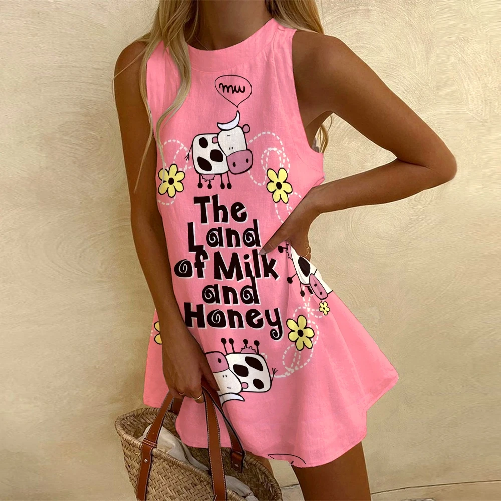 

Pink Women's Dress Cute Cow Letter Print Sleeveless Dress Trendy New Short Dress Beach Vacation Party Dresses Nice Clothes