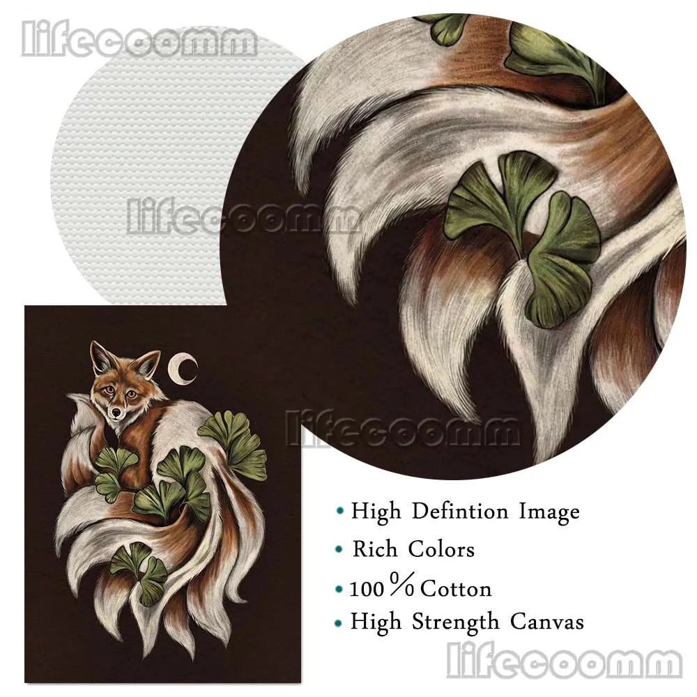 العلجوم والأرنب والغراب والقرد والأوراق مجردة جدار الفن قماش طباعة تسعة الذيل الثعلب Mysteriou الحيوان ملصق فني طباعة ديكور المنزل #6