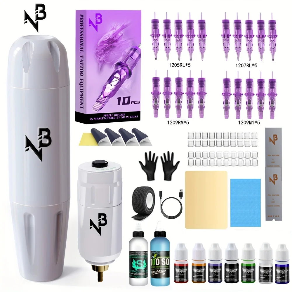 

Комплект тату-машины, комплект беспроводной тату-машины, встроенный источник питания для татуировки на 1500 мАч, поставляется с 20 иглами для татуировки, 7 бутылок пигментов и других аксессуаров, полный набор тату-мастеры для начинающих тату-мастеров, Tm-