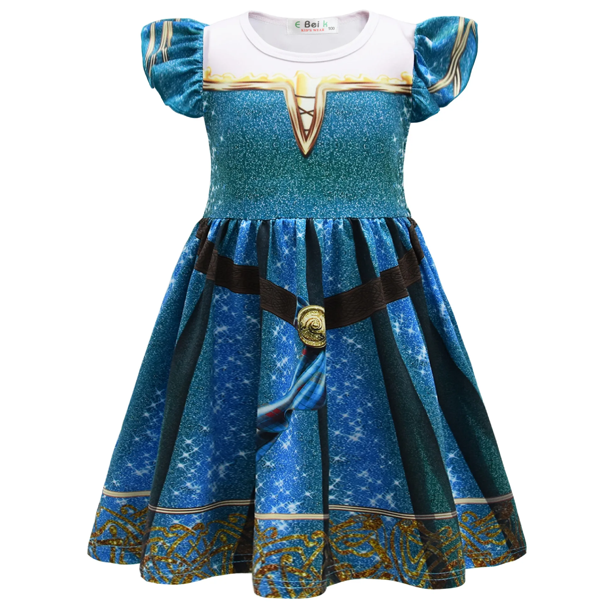 Kids Girls Anime Cartoon Merida Princess Short Sleeves Print Dress Outfit Halloween Cosplay Costume