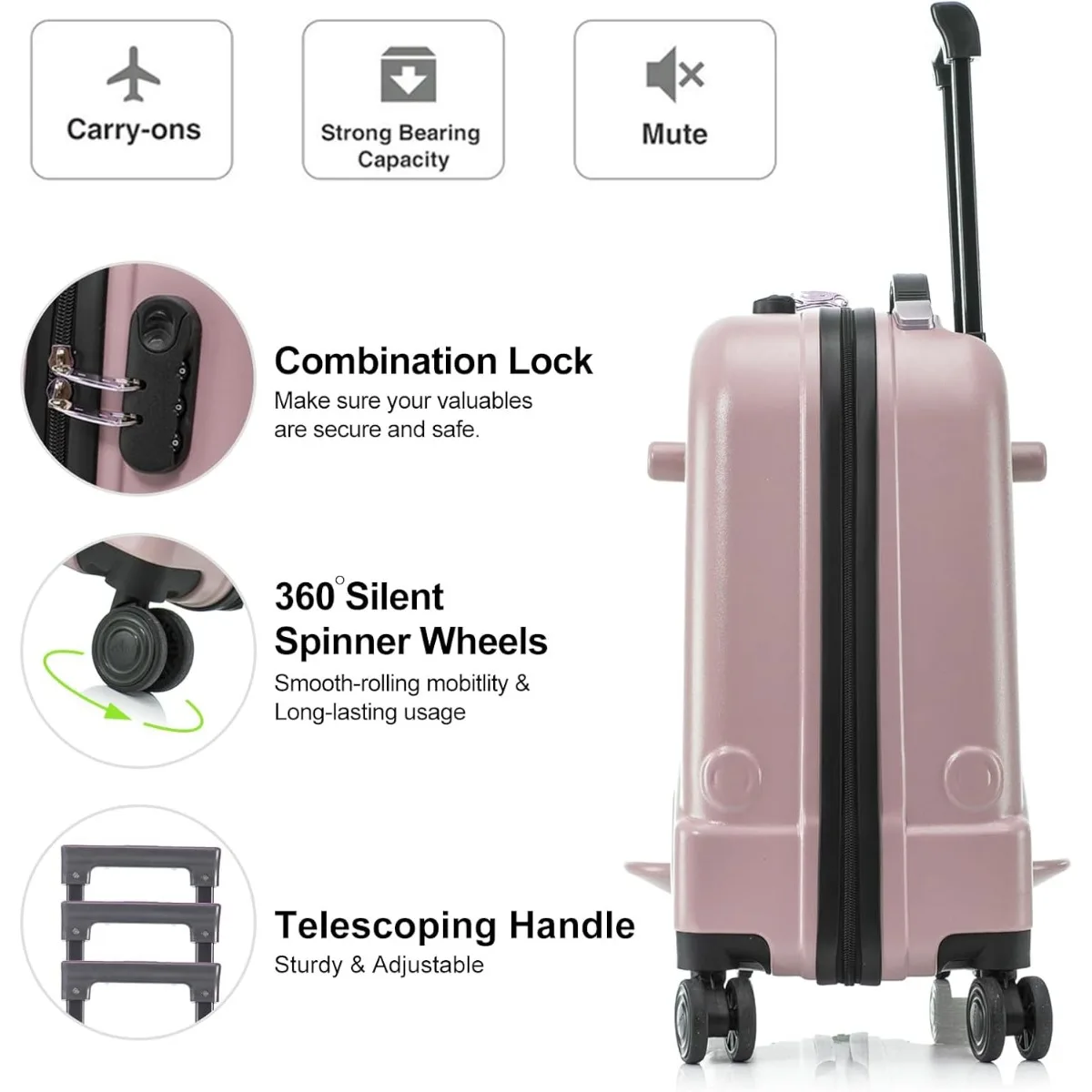 24 inch Children's Ride On Luggage with Safety Belt Waterproof Luggage Spinner wheels with Luggage Cover (24 inch Pink)