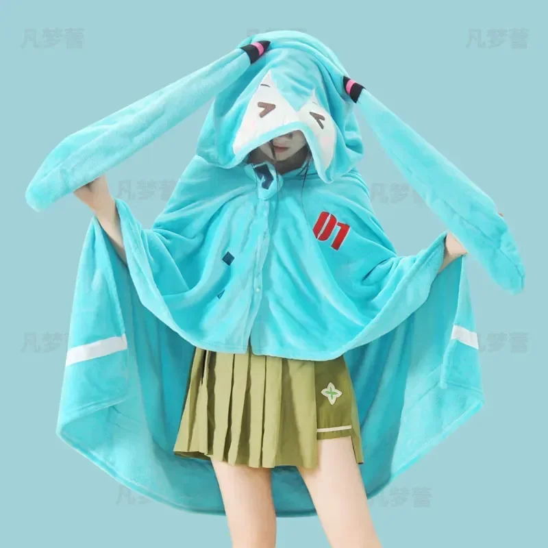 Kawaii Hatsune Itabag Multi Functional Hooded Air Conditioning Blanket Soft And Warm Siesta Shawl Miku Flannel Cloak Gift