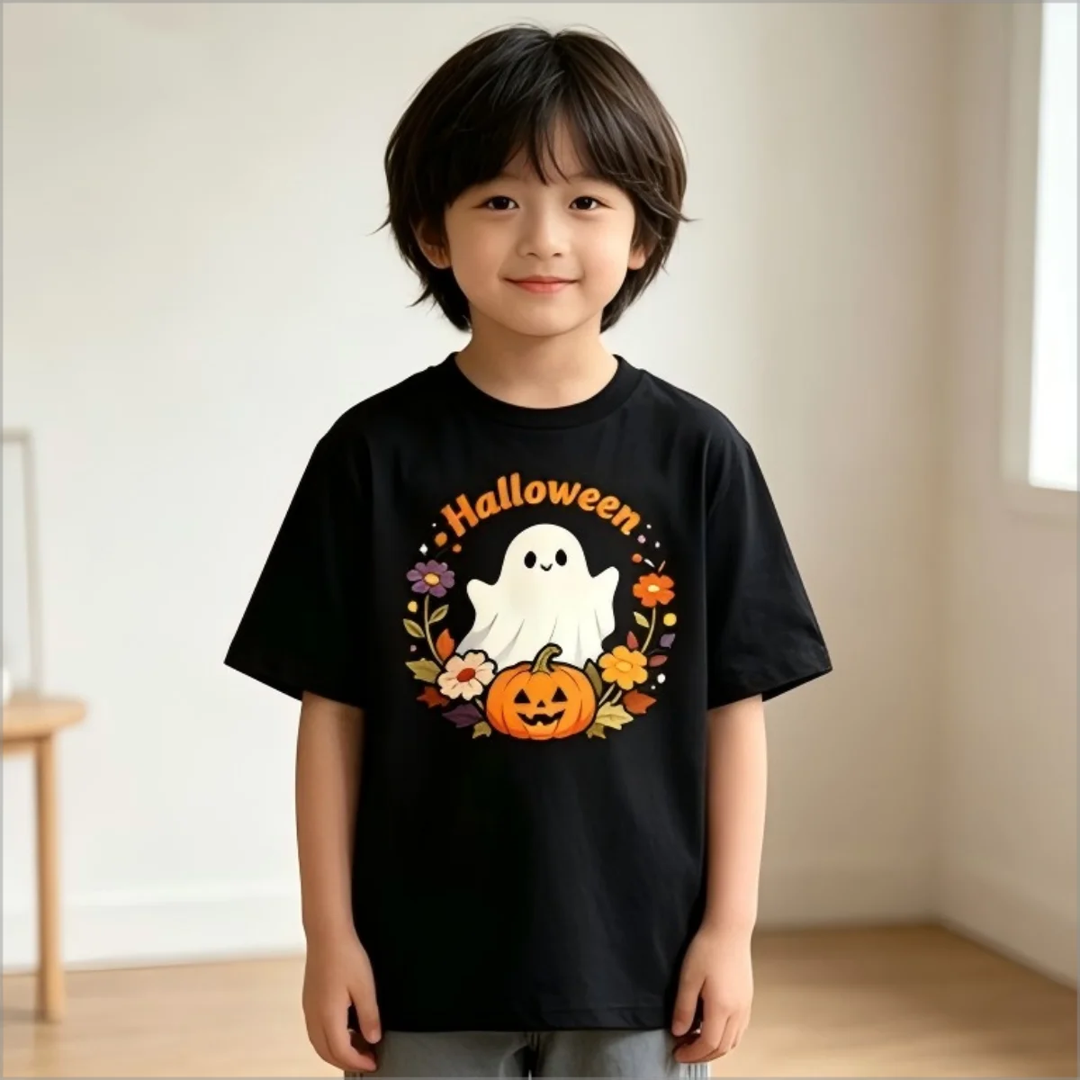 Cute Halloween Ghost Pumpkin Graphic T‑Shirt, Floral Wreath Fall Autumn Print Tee, Soft Casual Short Sleeve Tops for Holiday
