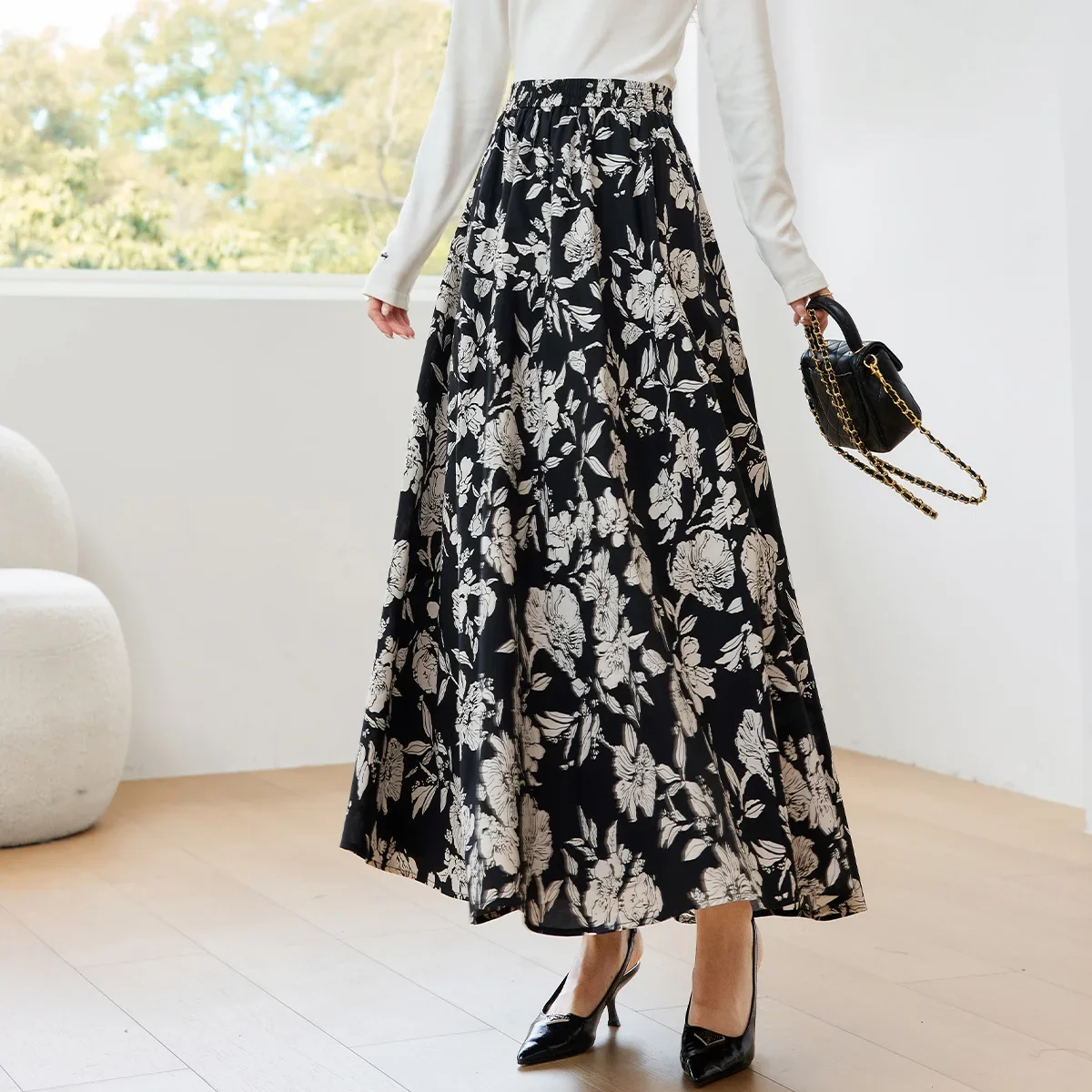 VIMLY Women's Urban Simple Floral Printed Elegant Skirts Autumn Female Elastic High Waist Holiday Style Office Lady A-Line Skirt