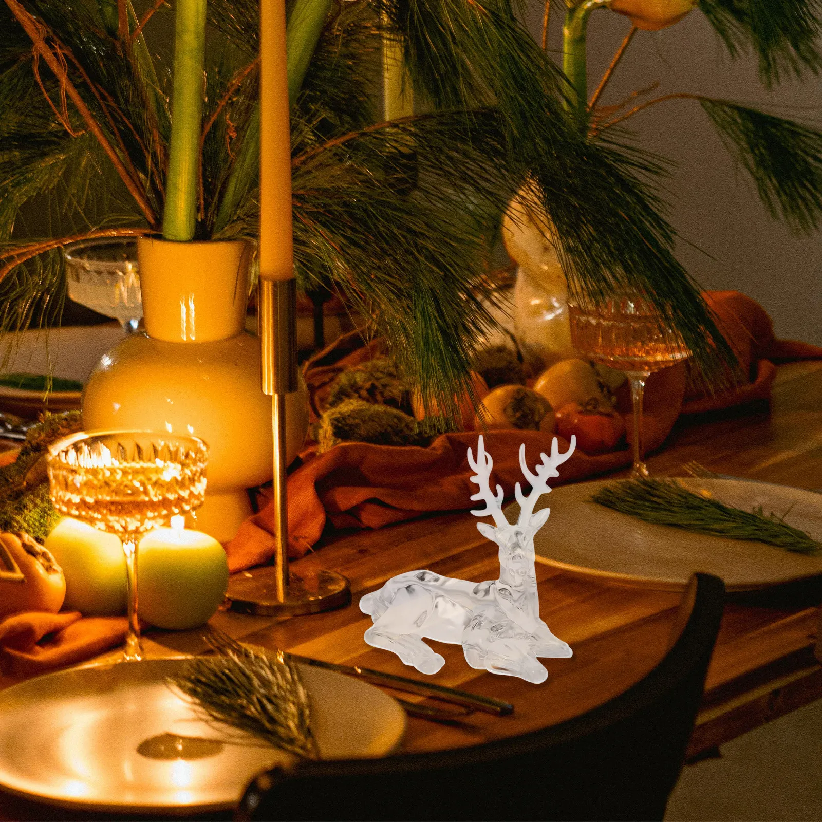 2Pcs Clear Acrylic Reindeer Statue Christmas Decor Mistletoe Accent Transparent Deer Ornament for Mantel Tabletop Fireplace