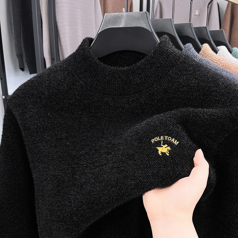 Высокое качество изысканный мужской трикотаж с вышивкой лошади, новый зимний пуловер с круглым вырезом и длинным рукавом, бархатная утепленная трендовая мужская одежда