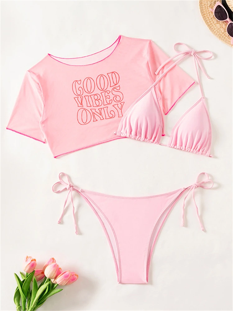 Bikini Women Swimsuit 2024 New Pink Halter Bikinis Set Sexy Short Sleeves Letter Swimwear Summer Beach Wear Bathing Suit Female