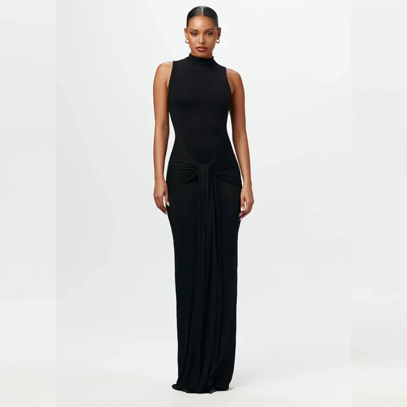 ノースリーブハイネックボディコンマキシ丈ワンピース レディース シャーリングウエストイレギュラーヘム スリムフィット エレガントロングドレス イブニングパーティーウェア