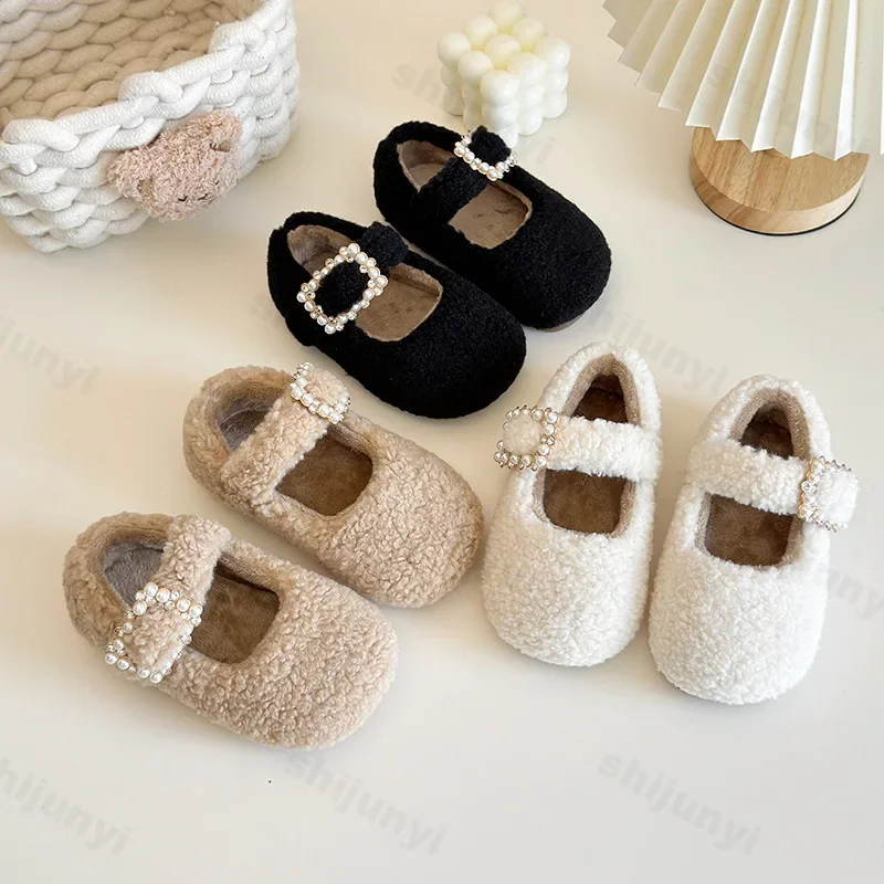 Children Winter Shoes 2024 New Lambs Wool Cotton-Padded Shoes Girls Fashion Pearl Buckle Warm Casual Shoes Plush Soft Kids Flats