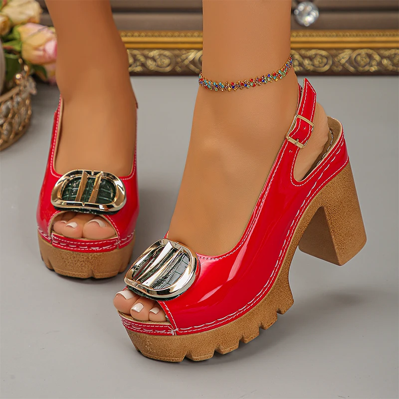 Vintage-Plateau-High-Heel-Sandalen für Damen, Knöchelriemen, Slingbacks, Sommerschuhe, Damen, 2026, Metalldetektor, Übergröße 43, Sandalen für Damen