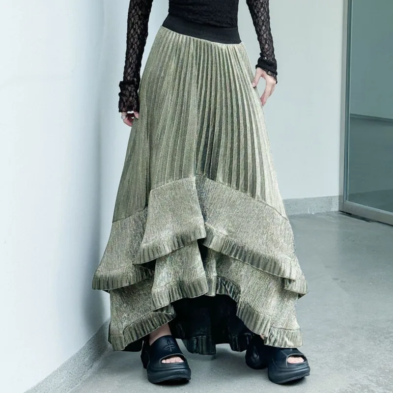 Yaonovni moda plissado irregular saia longa feminina cintura alta solta babados retalhos elegante saias longas casuais 2025 novo