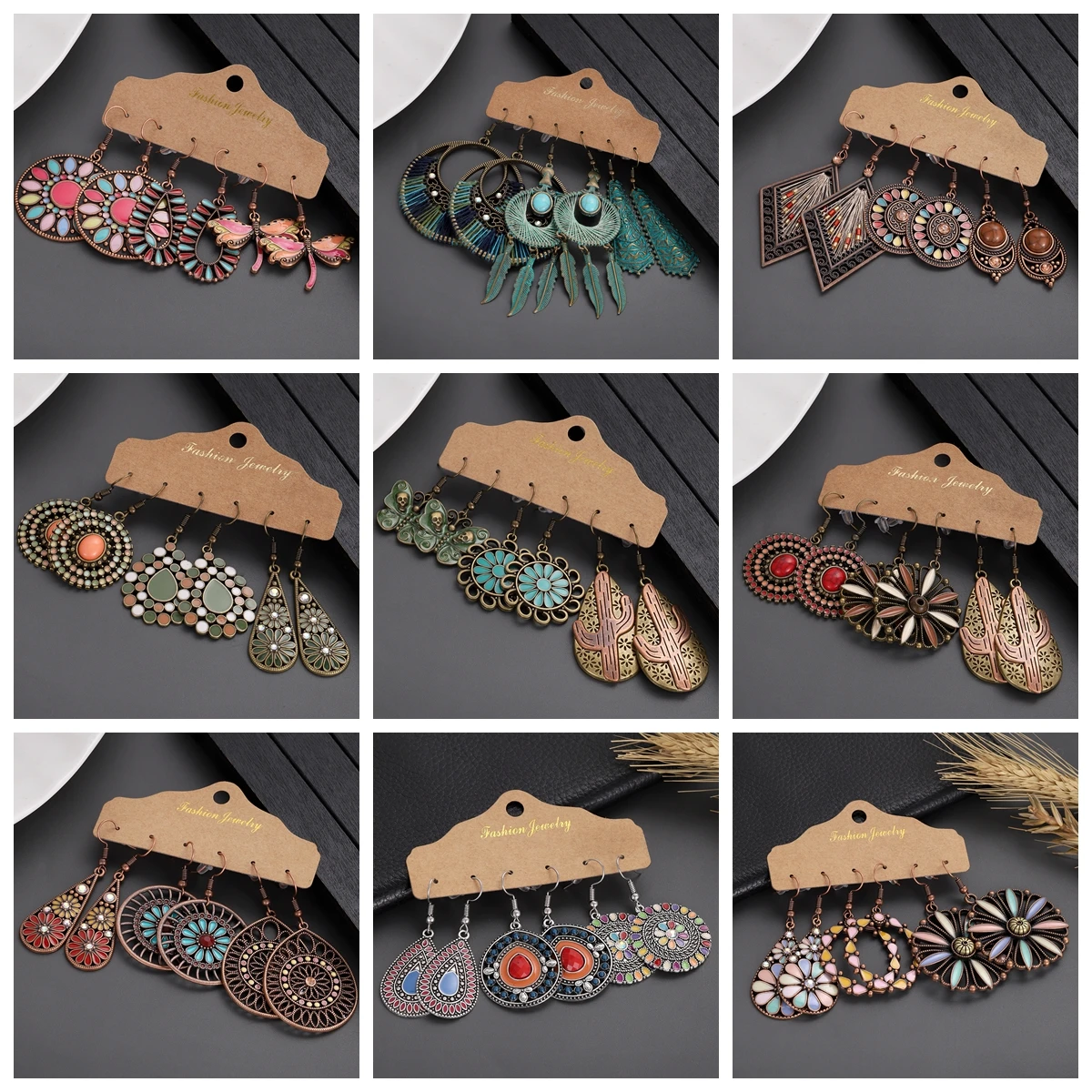 Vintage New Fashion Earring Set for Women Boho Geometric Colorful Flowers Round Combination Earrings Pendientes Wedding Jewelry