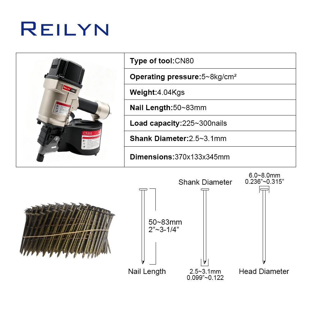 Pneumatic Coil Nailer CN80 Pallet Nailing Machine Making Crate Siding Board Sheathing Woodworking Tool