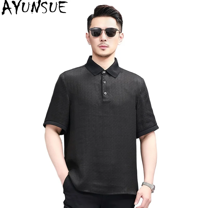 

AYUNSUE High-end 100% Real Mulberry Silk T Shirts for Men New Summer 2026 Casual Short Sleeve Tops Man Business Polo Shirt Tees