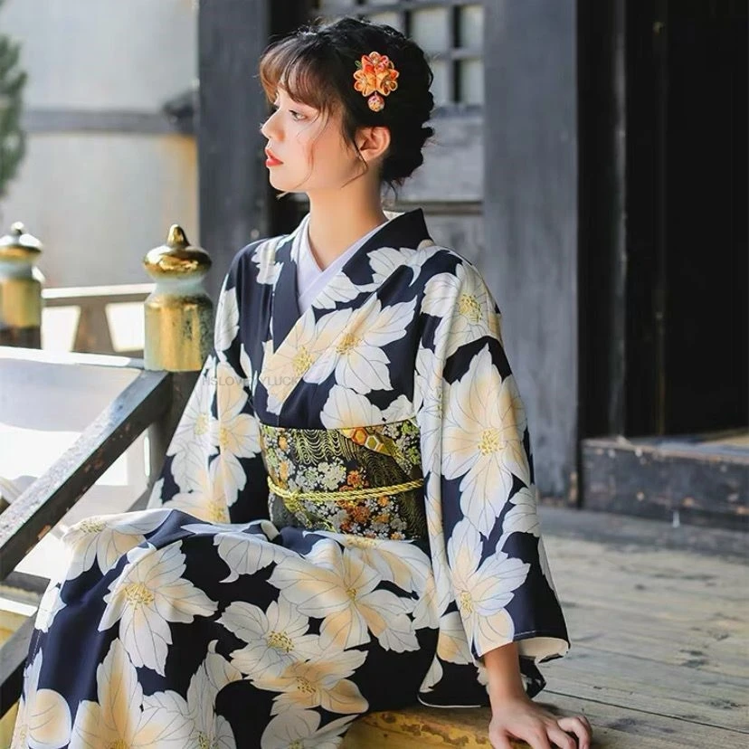 Japanese Kimono Formal Wear  Flower And Wind Photography Japanese Yukata Improved Lady Elegant Kimono Dress Vintage Clothing