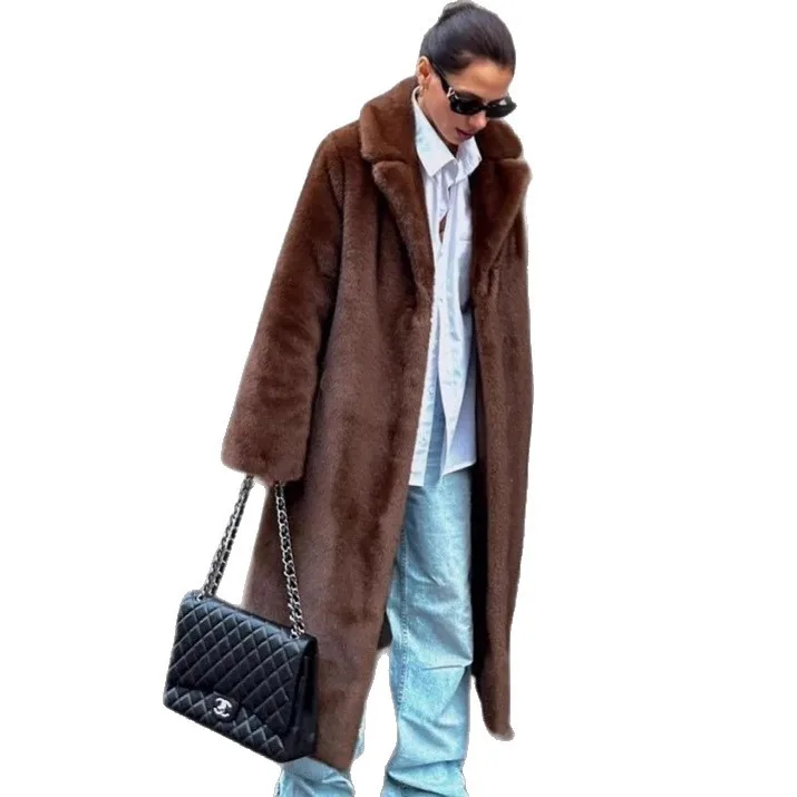 جديد جودة عالية الشتاء النساء معطف الفرو البيئي البني التلبيب طوق رقيق فرو منك سترة لسيدة Highstreet شيك معطف الفرو الإناث #5