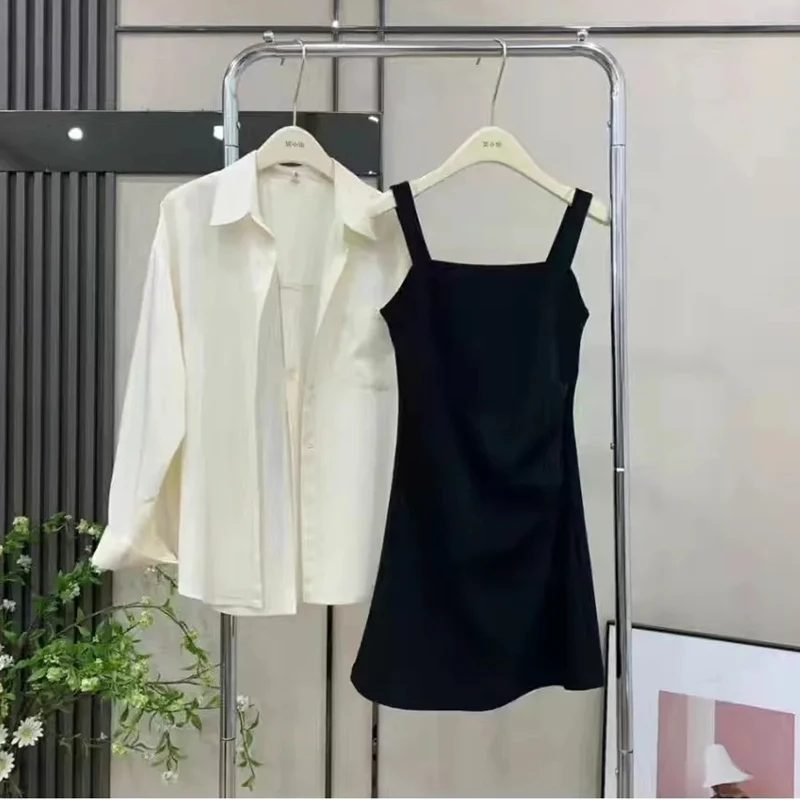 Women Summer Sunscreen Shirts Tank Dress Two Piece Set Korean Lady New Casual Loose Thin Blouse Black Midi Dresses Outfits 2024