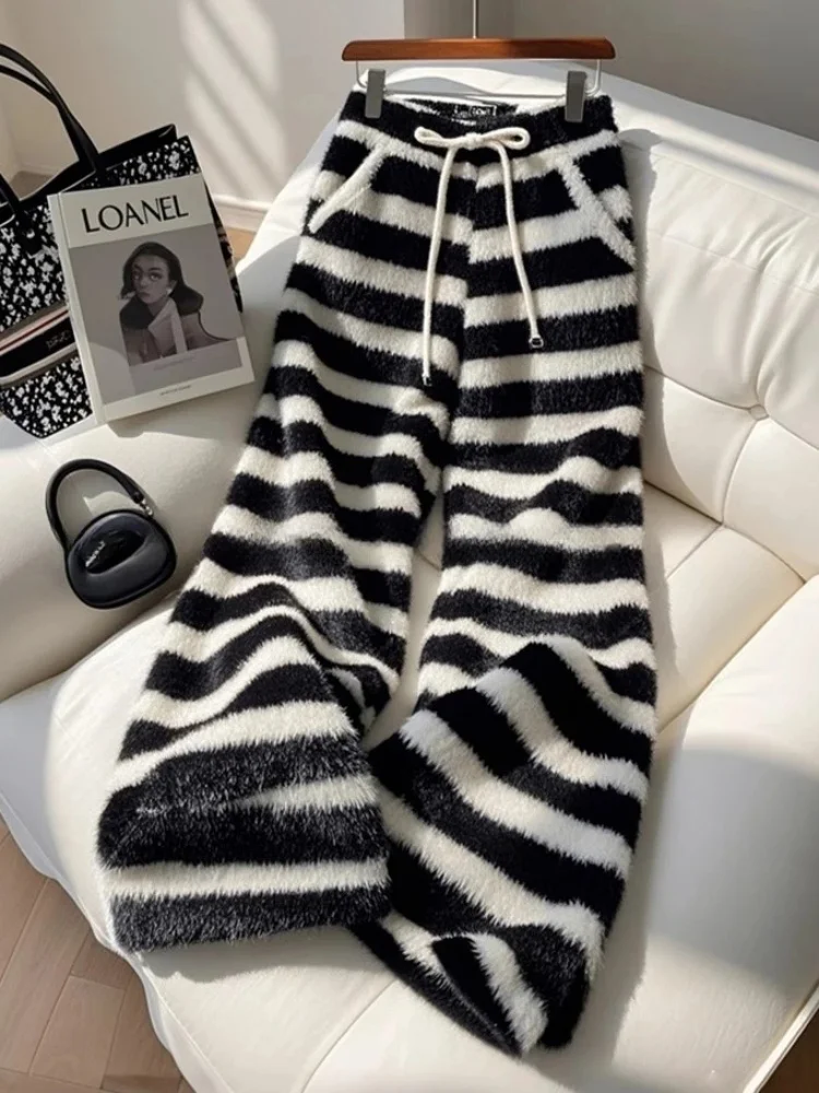 Trendy Color Block Wide Leg Elastic Waist Fleece Lined Casual Pants Women's Winter Small Stature Lazy Style Draped Loose Long...