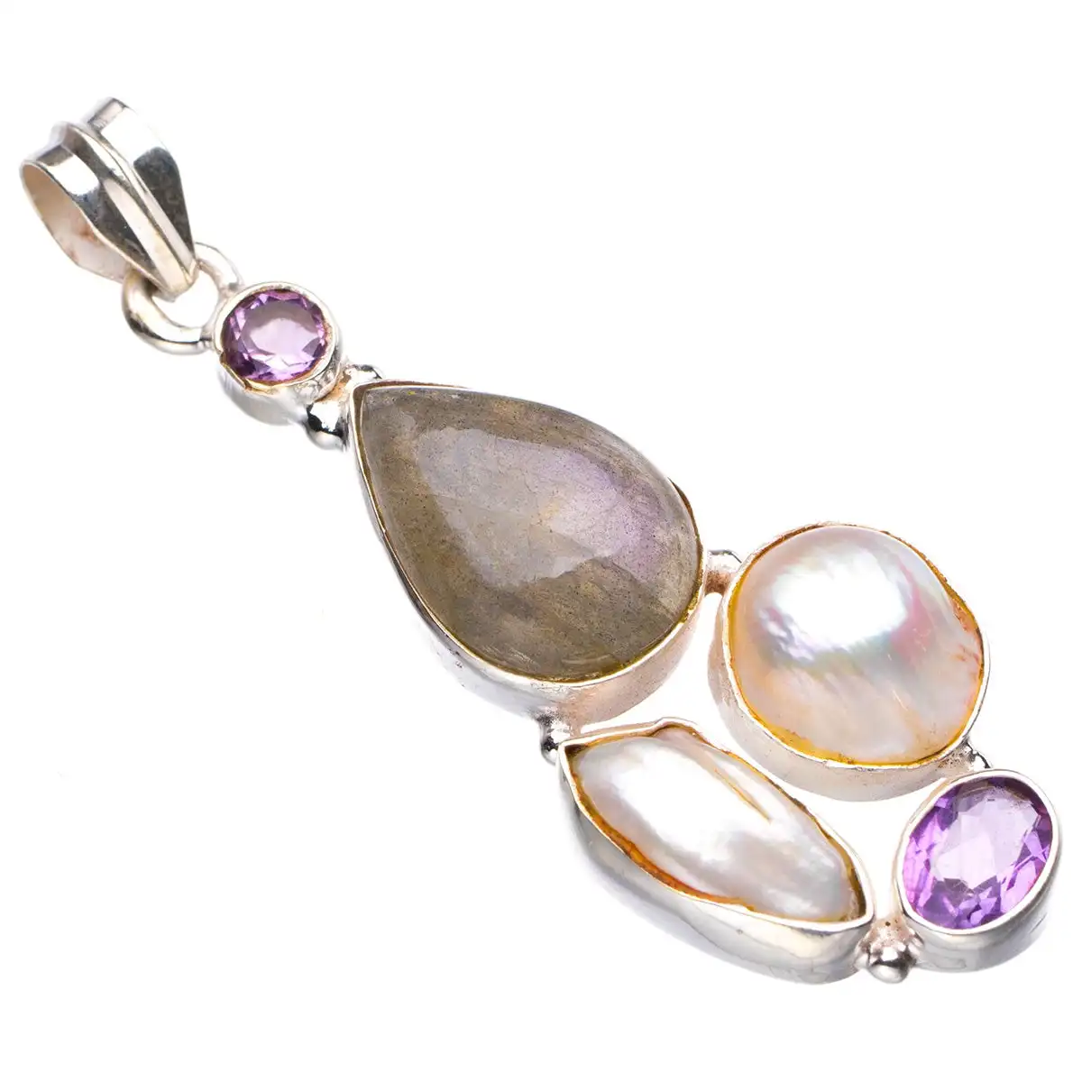 

StarGems Blue Fire Labradorite,Biwa Pearl And Amethyst Handmade 925 Sterling Silver Pendant 2.25" D5654