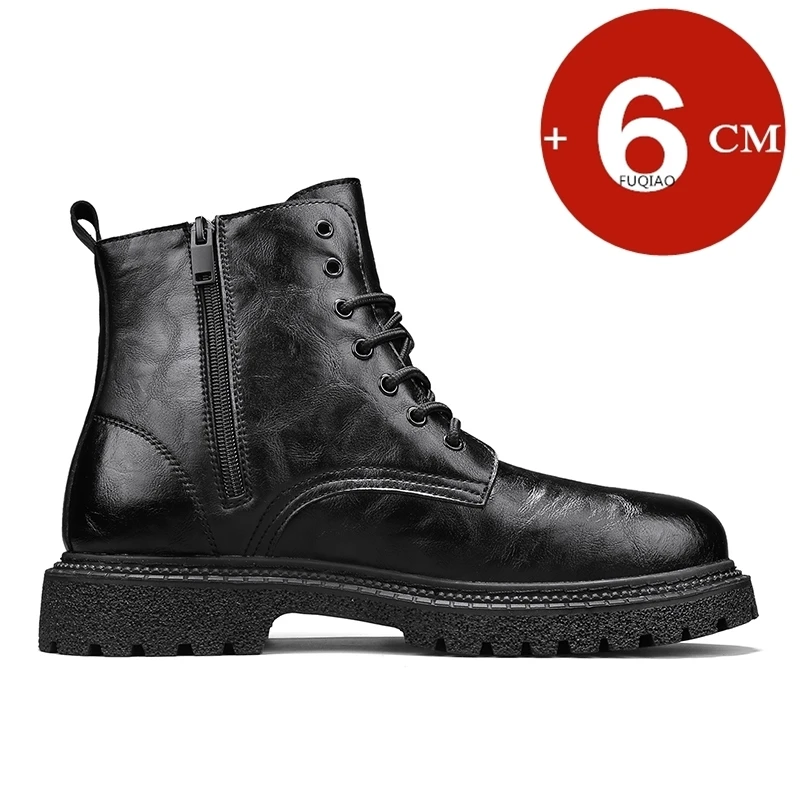 Genuine Leather Handmade Men Boots High Top Elevator Shoes Motorcycle Boots Lift Ankle Boots Winter Warm Height Increase Boots