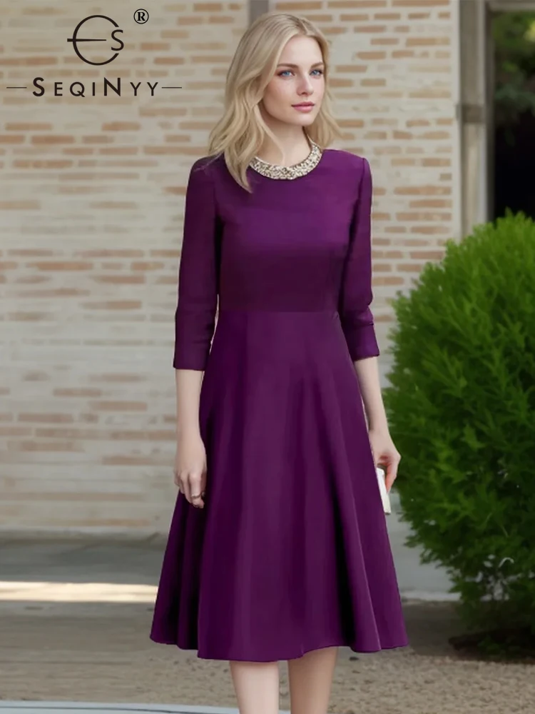 SEQINYY Elegant Midi Dress Summer Spring New Fashion Design Women Runway Half Sleeve Beading A-Line Office Lady Casual