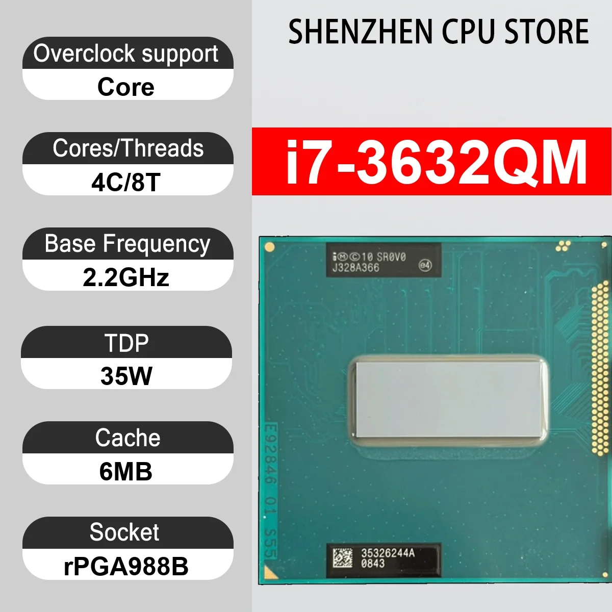 Intel Core i7-3632QM 4 Core 8 Thread 2.20GHz 35W 6MB Cache 22nm rPGA 988B SR0V0 DDR3 1600 MHz Ivy Bridge