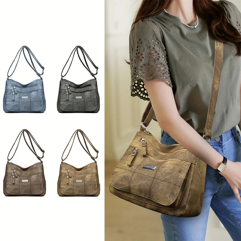 Bolso Bandolera de Cuero Lavado Estilo Vintage para Mujer, Bolso de Hombro con Múltiples Bolsillos, Perfecto para Uso Diario y Viajes
