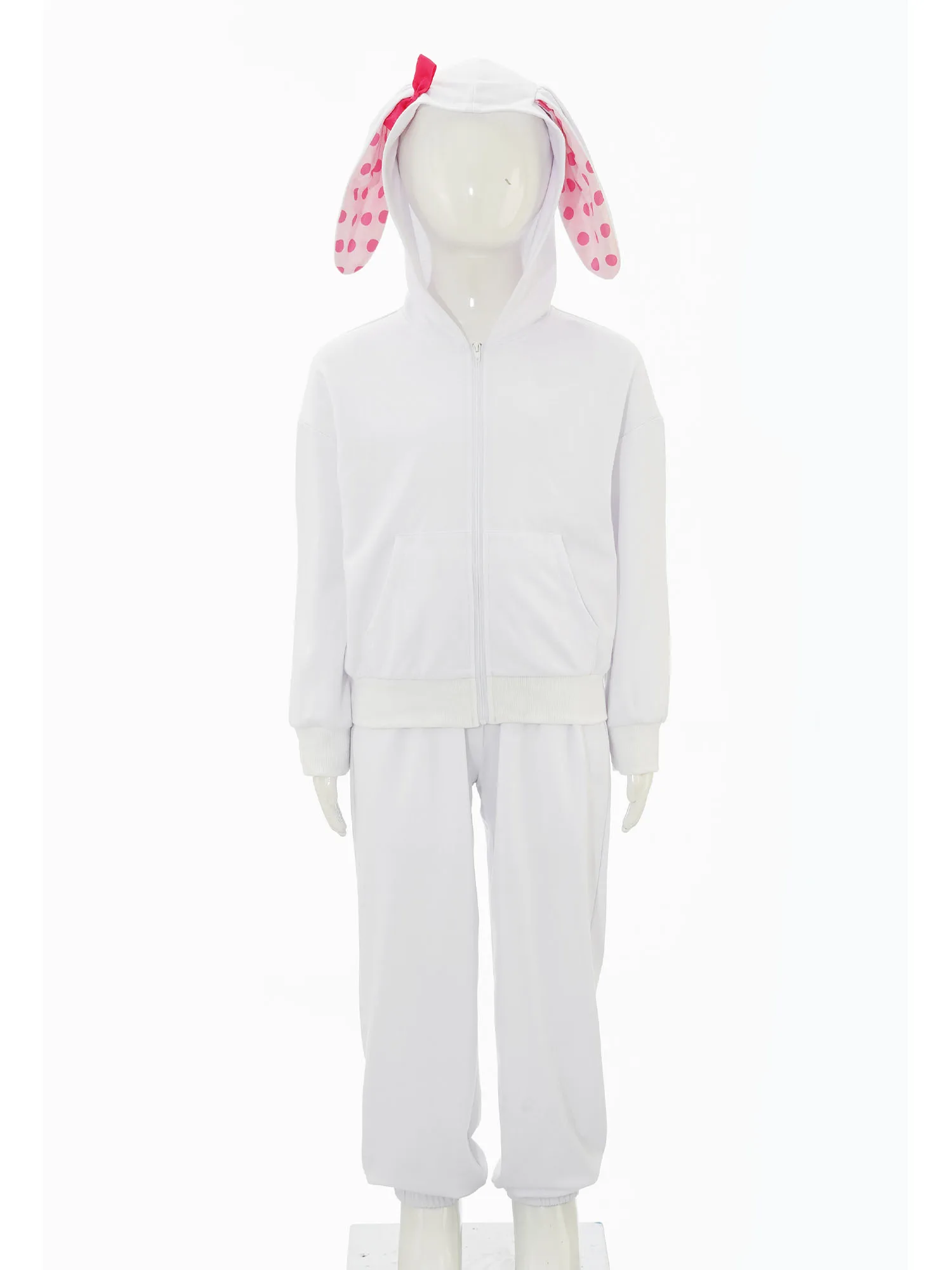 Kids Girls Animal Costume Long Sleeve Dots Rabbit Ears Hooded Jacket with Pants for Dress Up Family Gathering Photo Shoot