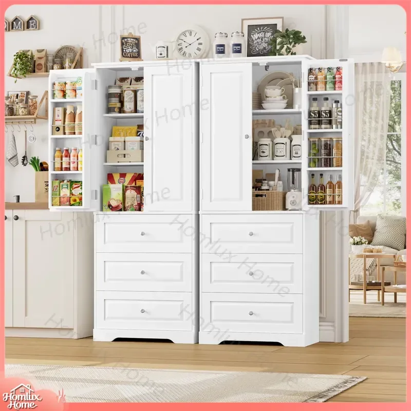 Tall Kitchen Cabinet with 2 Doors 3 Drawers Adjustable Shelves Pantry Storage Cupboard Sideboard for Home Office Living Room
