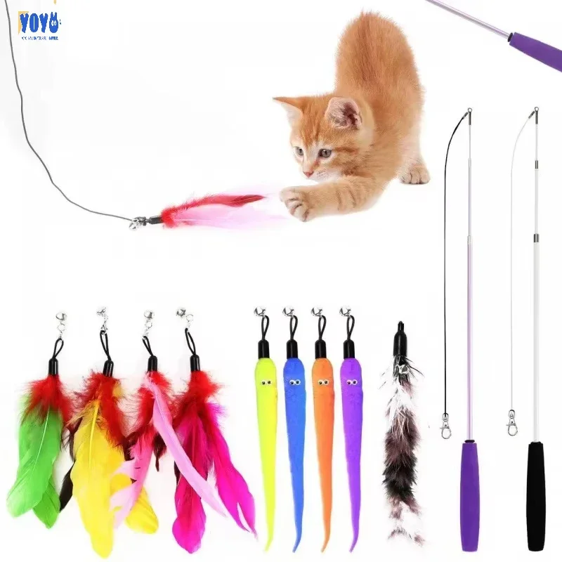 現代的な格納式ペットインタラクティブベルワンドおもちゃ、子猫用ティーザーリフィル付き猫釣り竿