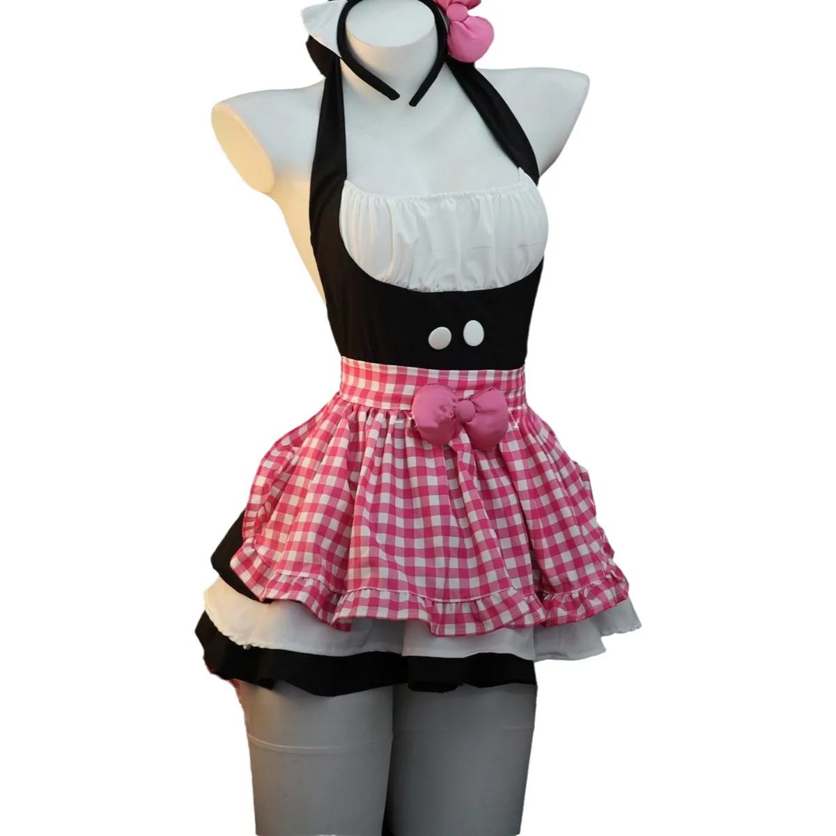 Sexy Dessous, süßes Dienstmädchen-Outfit, verführerisches Kleid mit Halsband und Karomuster, mit Schleife, reizvolles und charmantes Design, Z6KG.