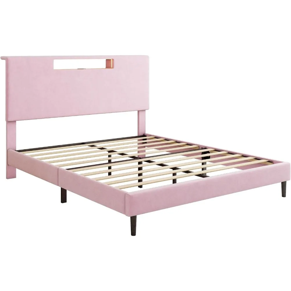 

Bed Frame Charging Station LED Light Flannel Wood Slat Support Headboard Remote Control Easy Assembly Applicable Scene