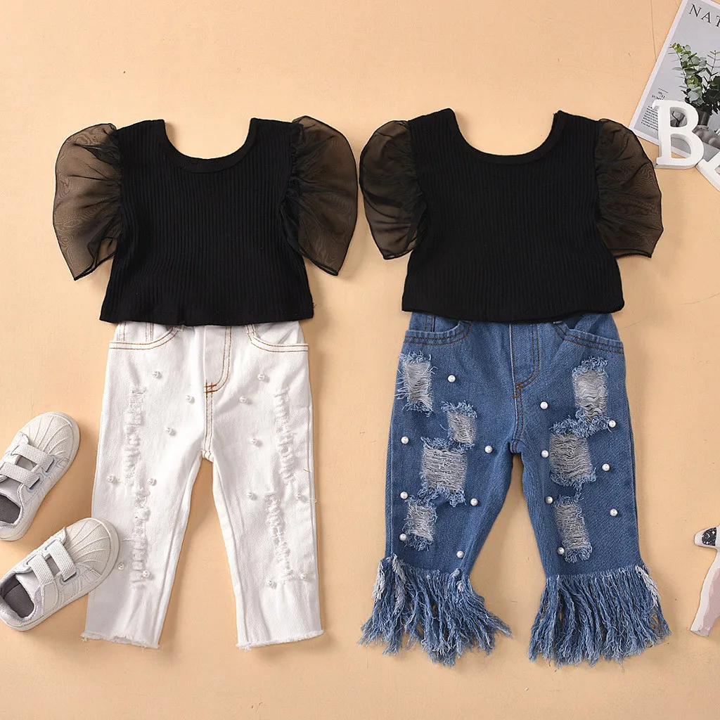 New Born Girl Baby Gift Toddler Kids Baby Girls Tulle Knit Tops Ripped Jeans Beaded Pants Outfits Set Receiving Blanket Bow