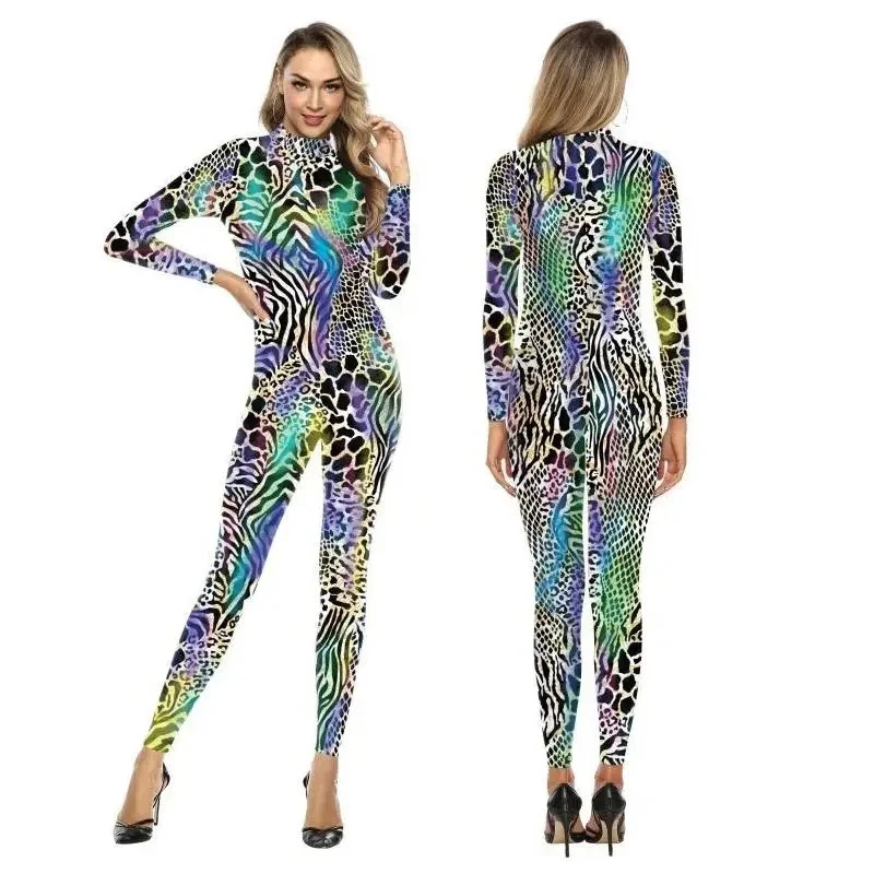 

Various Carnival Halloween Psychedelic Snake Camouflage Print Role Play Jumpsuit Party Costume Women's Clothing Tights Bodysuits