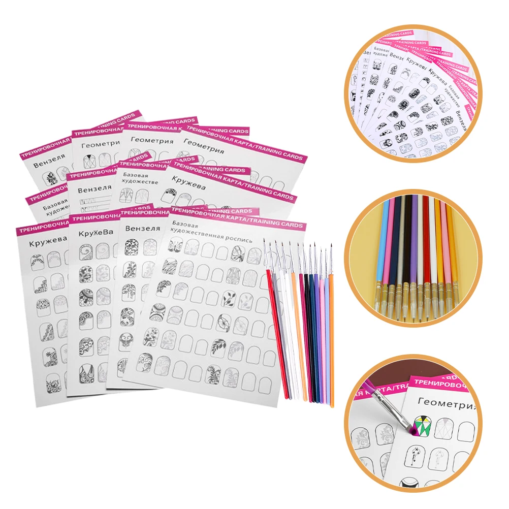 1 set di modelli per fogli per pratica nail art, set completo per addestramento alla manicure con penna per rivestimento a punta fine per disegni dettagliati delle unghie