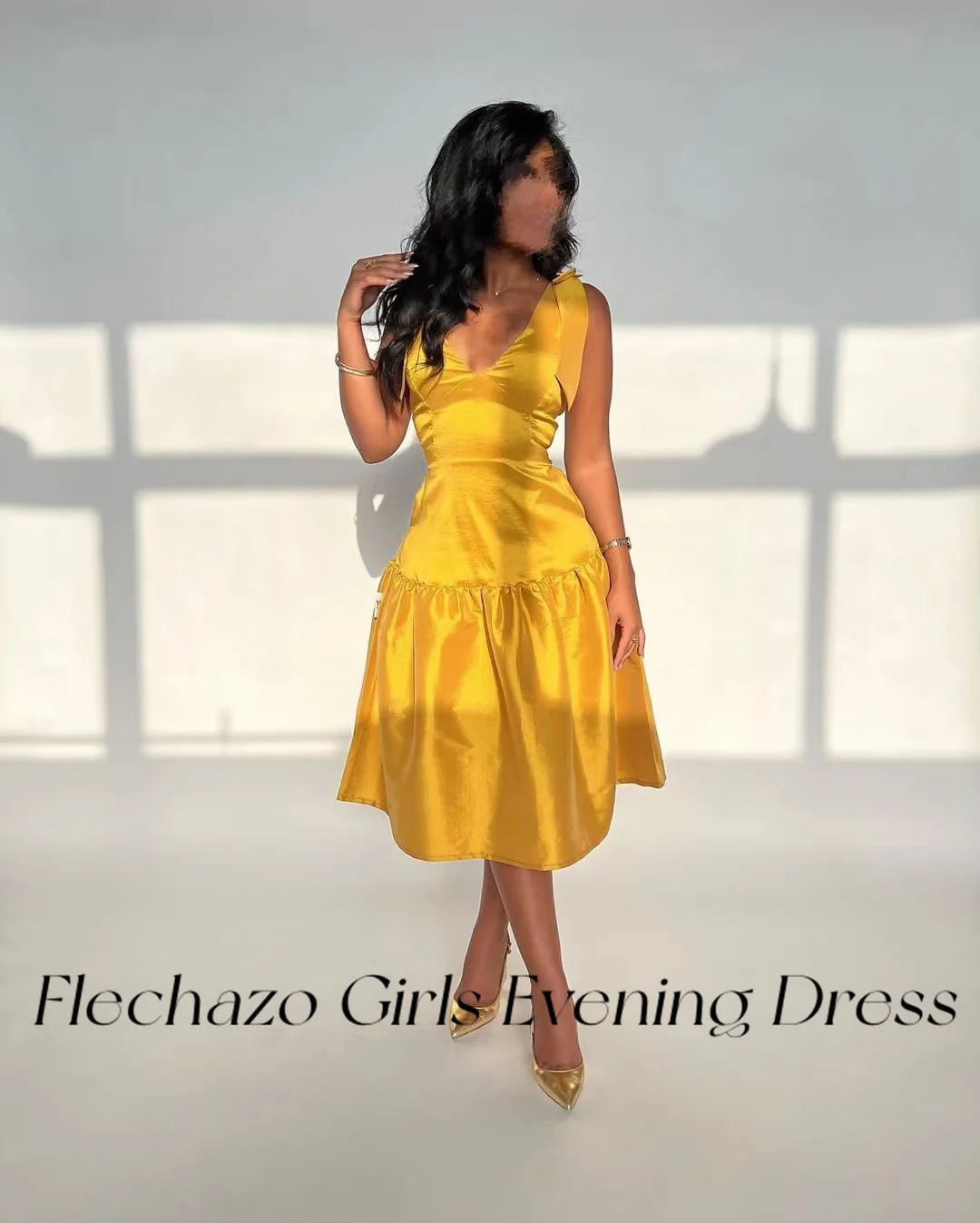 Flechazo Golden Summer Evening Dresses V Neck Sleeveless Knee-Length Simple Party Daily Dress For Women 2024 فساتين السهرة