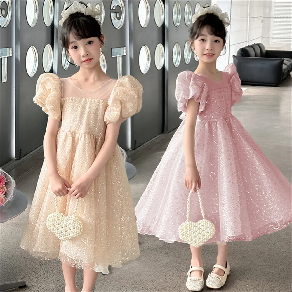 

24021 Summer Girls' Formal Dress Girls' Dress Fashionable Bubble Sleeves Princess Dress Sequin Mesh Dress Bow Dress