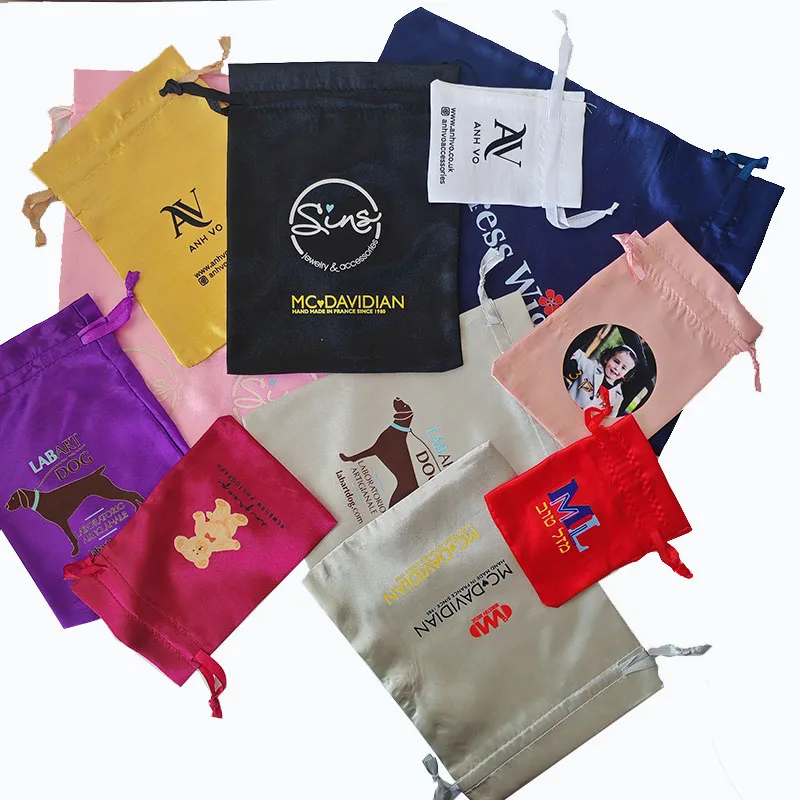 

100psc Custom print your Logo Satin storage Hair Bag Pouch Wigs/Extension/Makeup/Jewelry/Wedding/Party Favors Packaging