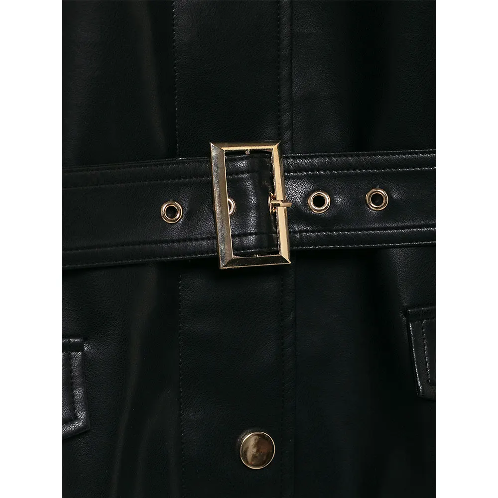 DUOPERI Women's Fashion With Belt PU Black Jackets High Street Stand Collar Long Sleeves Female Elegant Chic Lady Coats Outfits