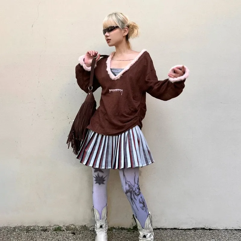 Karrcat Grunge Patchwork Knitted Pullover Fairycore Sweet V-neck Sweater Harajuku Y2k Hollow Out Jumpers Vintage Streetwear 90s