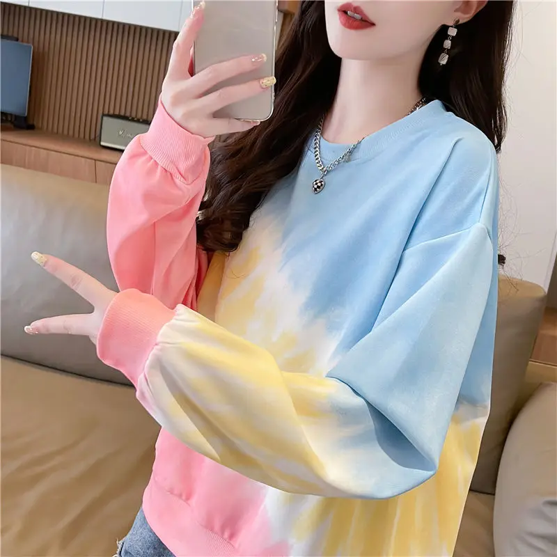 

Fashion O-Neck Tie Dye Color Casual Gradient Sweatshirts Female Clothing 2024 Autumn New Loose All-match Tops Korean Sweatshirts