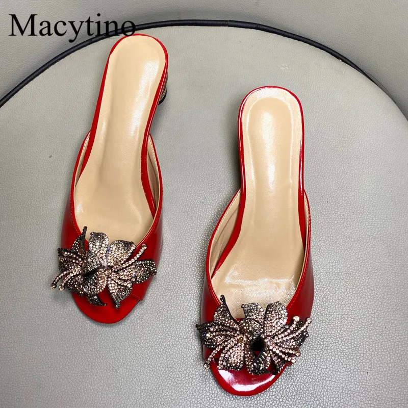 Ladies Rhinestone Flower Design High Heel Slippers round Toe Drill Heel Fashion Party Footwear