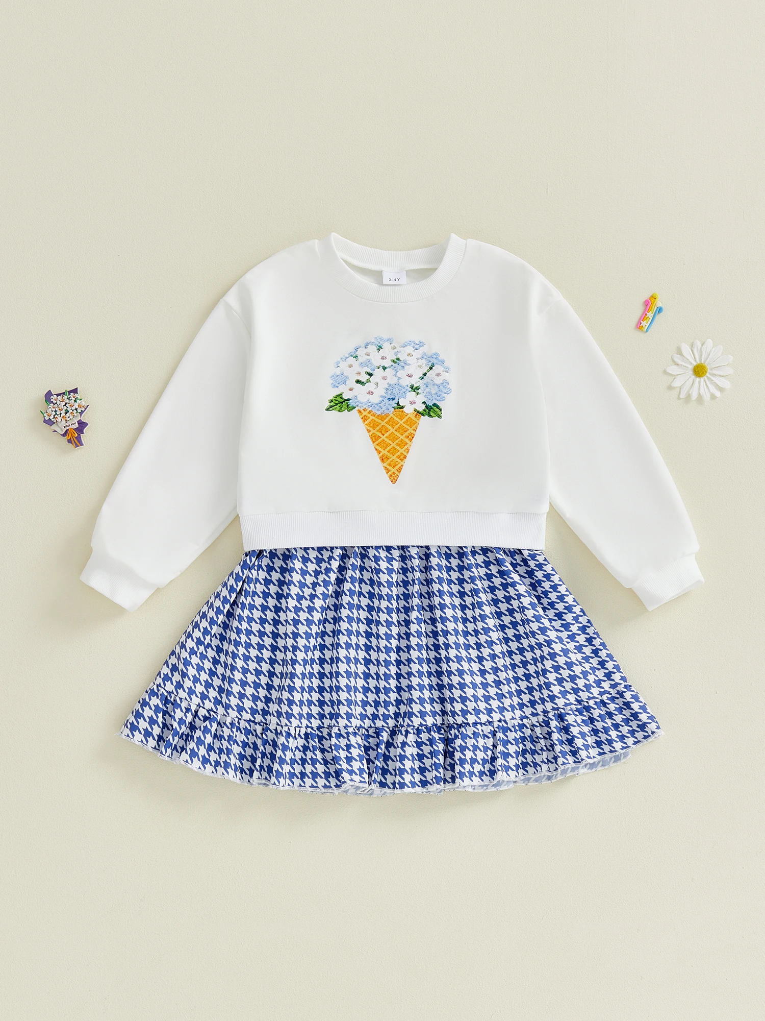 

Toddler Girls 2 Piece Clothing Set Floral Print Ruffle Sleeve Top and Checkered Elastic Waist Skirt Ensemble for Playdates and