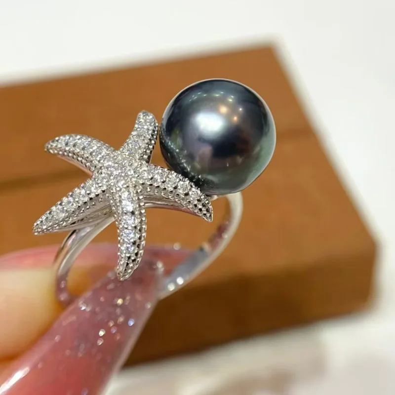 

S925 Silver Starfish Tahitian Black Pearl Ring, 9-10mm Adjustable Band, Natural Saltwater Cultured Pearl Jewelry