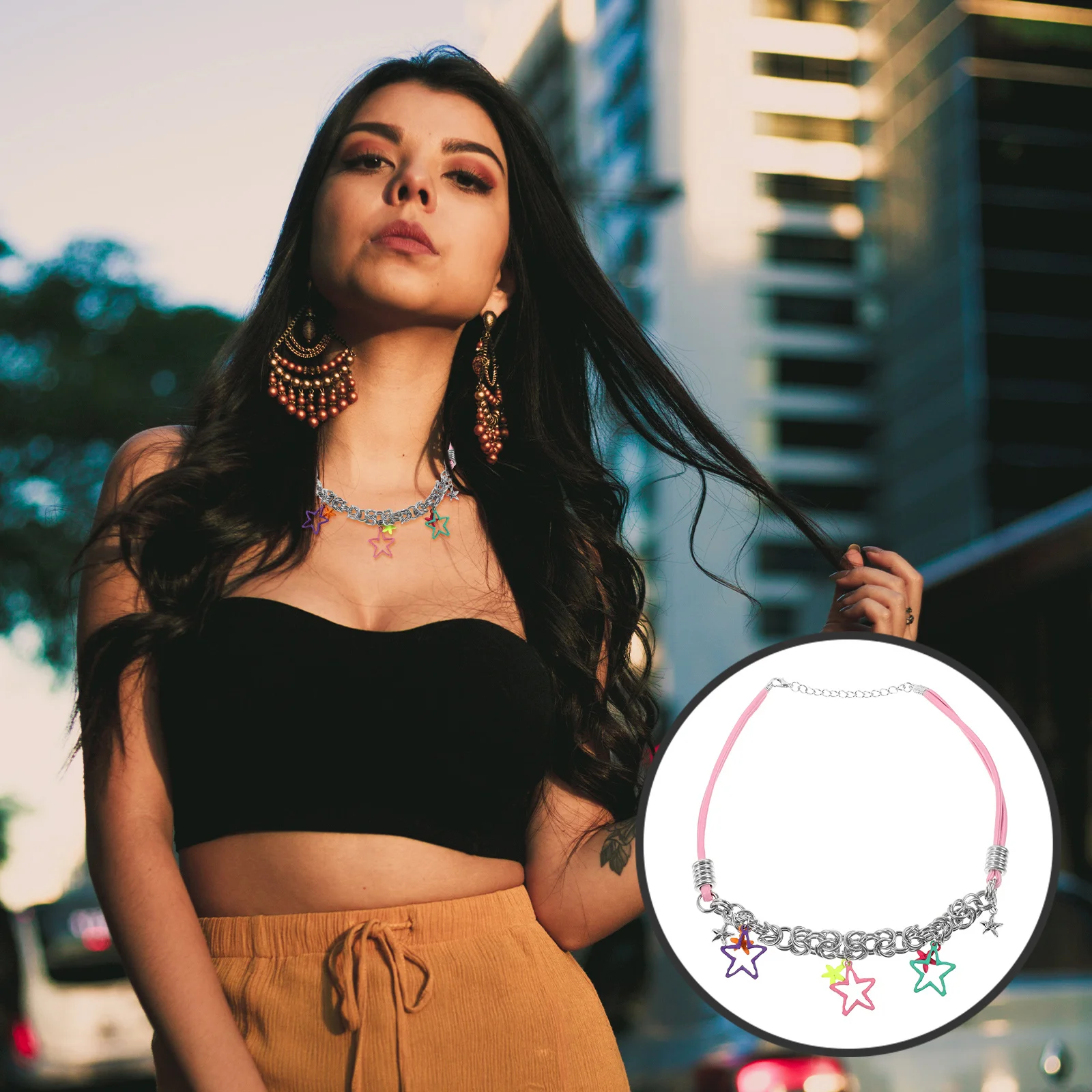 

Colorful Star Pendant Necklace Star Charm Collarbone Chain Dainty Minimalist Choker Necklace for Women Teens Pentagram Choker