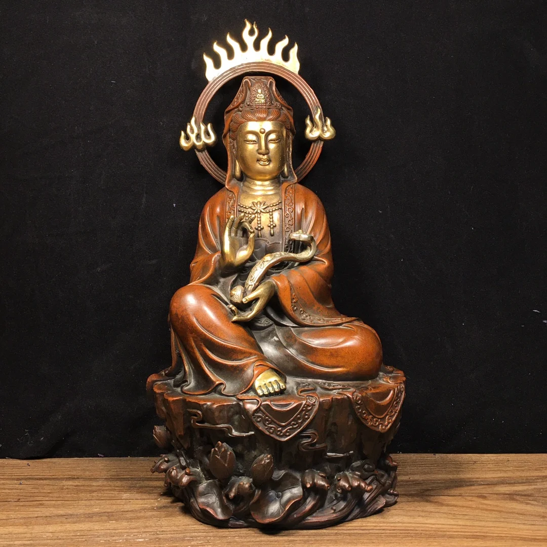 

12"Tibetan Temple Collection Old Bronze Gilded True Gold Silver Ruyi Guanyin Bodhisattva Sitting Buddha Worship Hall Town house