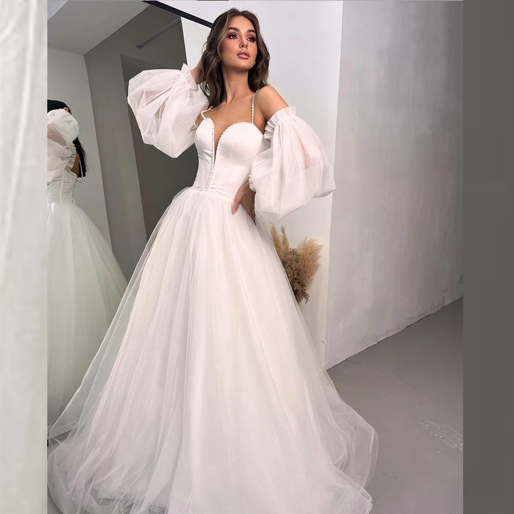 Puffärmel A-Linie Spaghettiträger Brautkleid 2025, bodenlange Brautkleider, hochwertige rückenfreie Robe De Mariee, Weiß