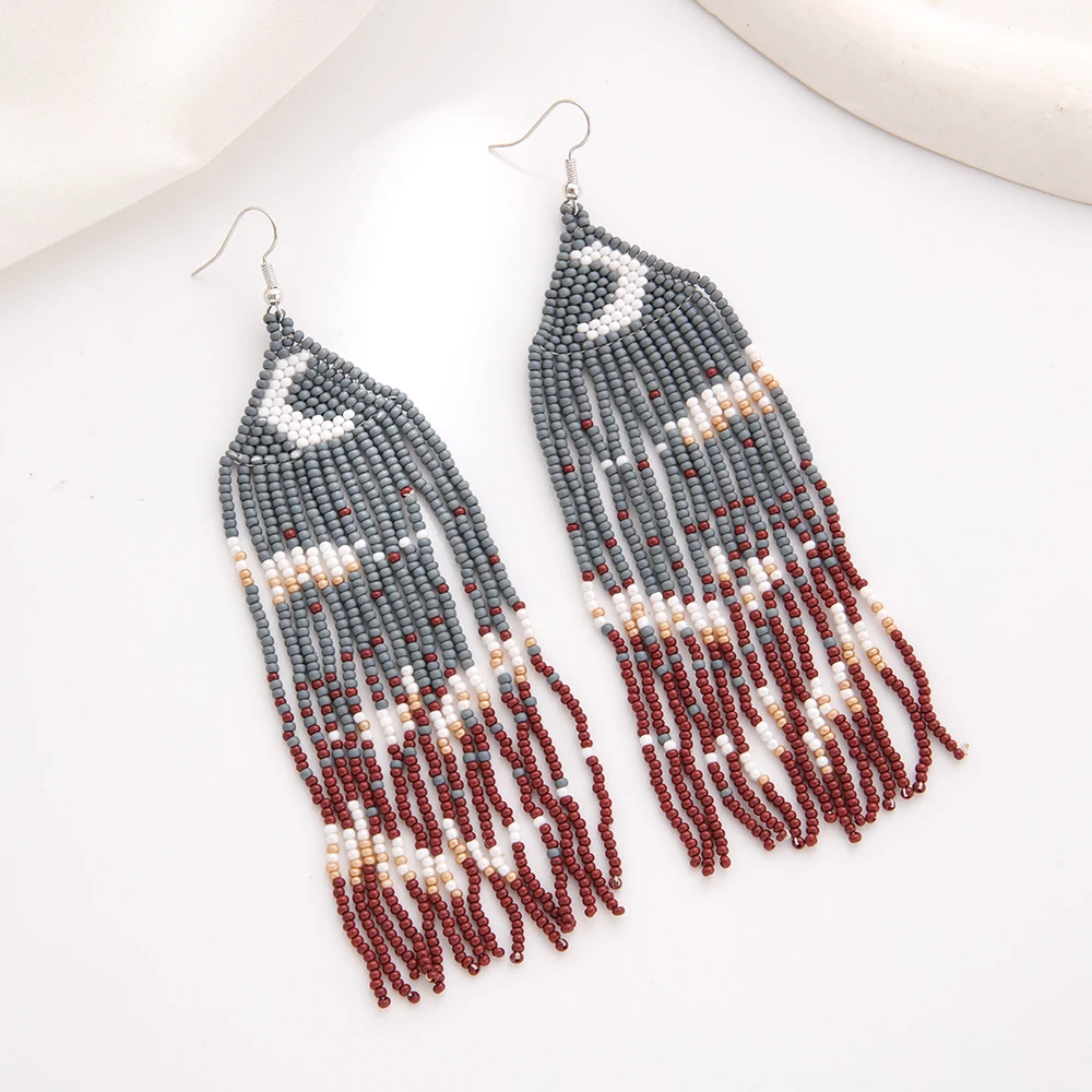 ZGMXR Rice bead earrings Tassel Moon Bohemia Originality Design Hand textile Geometry Female Alloy Fashion Beaded earrings